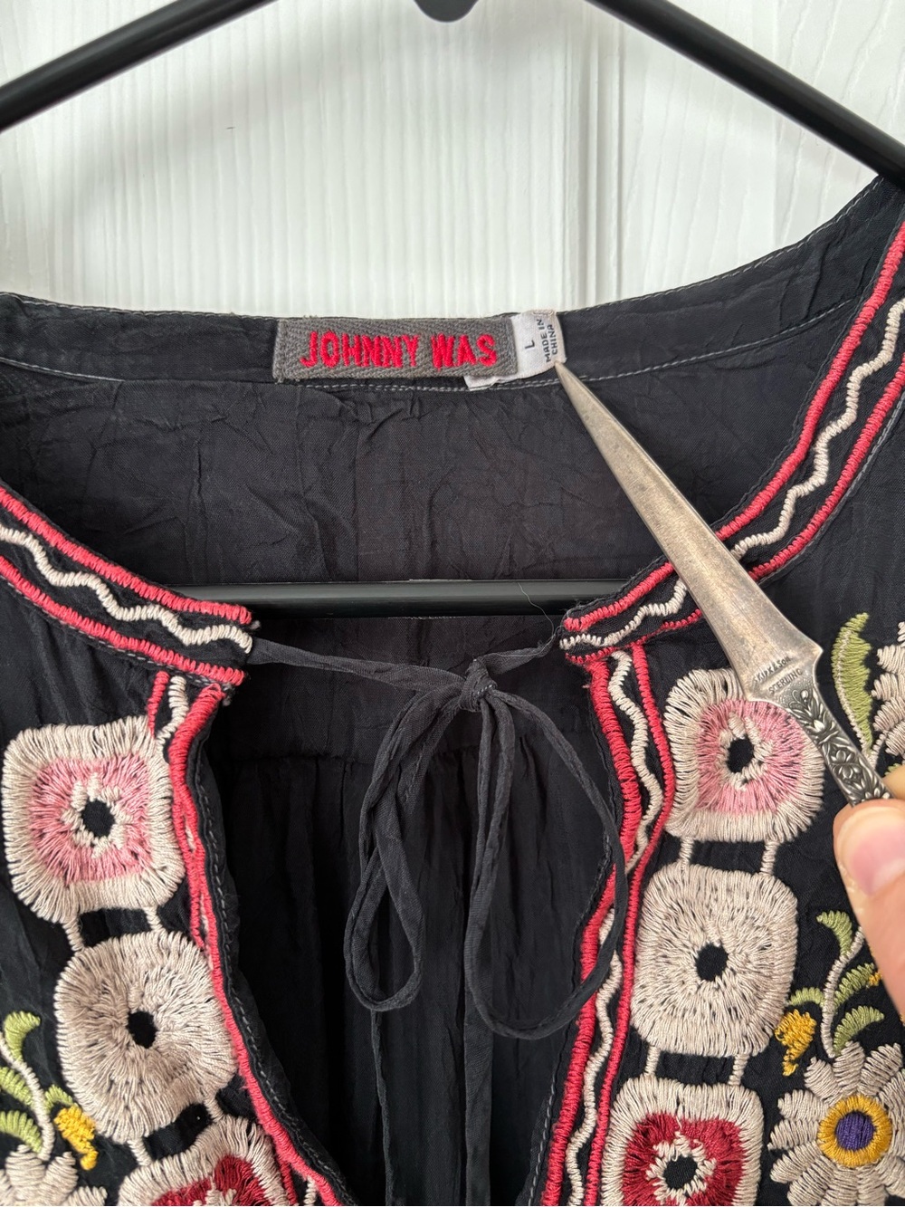 Johnny Was Boho Embroidered Black Peasant Blouse with Tassel Detail - Picture 3 of 4